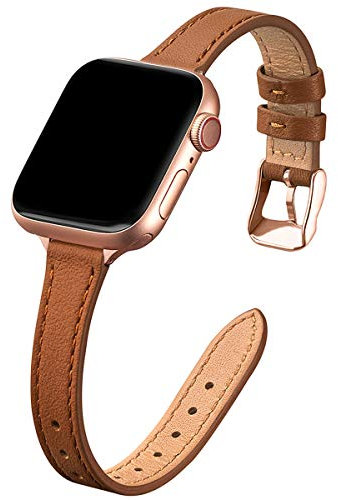 SUNFWR Kompatibel mit Apple Watch Armband 38mm 40mm 41mm,Echtes Ersatz Lederarmband,Schlank und Leicht Armband für die iwatch Serie Ultra/8/7/6/5/4/3/2/1,SE(Braun&Roségold)