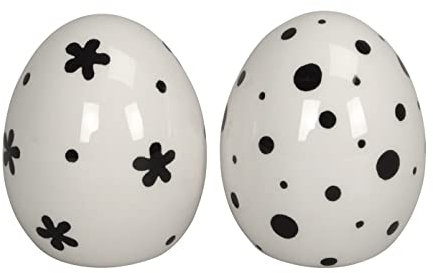 dekoratives frühlingshaftes Deko-Ei Oster-Ei Keramik weiß-schwarz mit Punkten und Blümchen Preis für 2 Stück (2 x klein ca. 6,5 x 8,5 cm hoch)