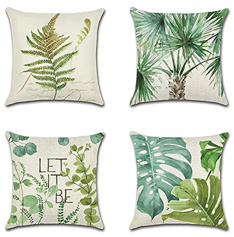 Artscope wasserdichte Kissenbezugen, 4 Stück Grüne Blätter Muster Kissenhülle Atmungsaktiv Kissen Fall für Outdoor Balkon Terrasse Patio Garten Bauernhaus Dekor 40 x 40cm