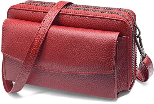 HNOOM Handytasche mit Geldbörse zum Umhängen RFID Schutz Geldbeutel Damen Handy Umhängetasche mit 18 Kartenfächer Crossbody Geldbörse Damen groß viele fächer leder Passt Handy unter 6,9 (Rot)
