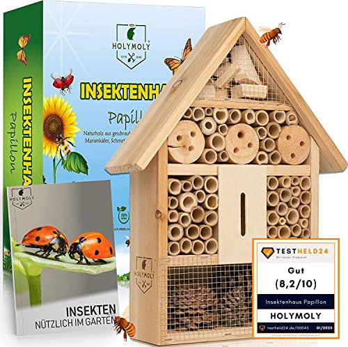 HOLYMOLY - Papillon 2.0 Insektenhotel XL aus Holz -Schönes & Naturbelassenes Insekten Hotel für Fluginsekten, Bienen Marienkäfer Schmetterlinge Fliegen - Absolutes Premium Insektenhaus - Zum Aufhängen