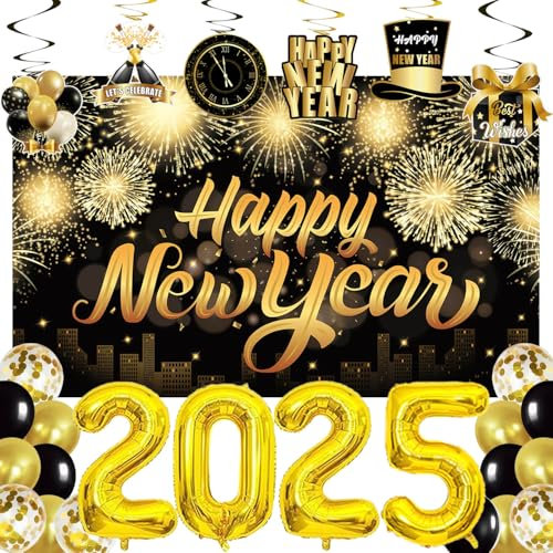 Silvester Party Dekoration Set 2025, Große Happy New Year Hintergrund Banner, 2025 Silvester Deko Hängende Wirbel, XXL 2025 Folienballons, Latexballons, 2025 Neujahr deko Set