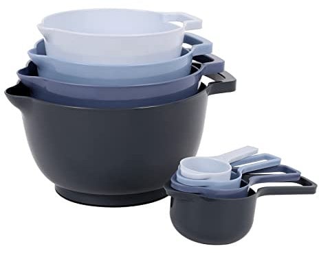 BoxedHome Rührschüssel 8er-Set,Kunststoff Salatschüssel rutschfest, Multifunktionsmisch schüssel, Servierschalen für Küche 8-teiliges(4 Rührschüsseln mit 4 Messlöffel), Blau