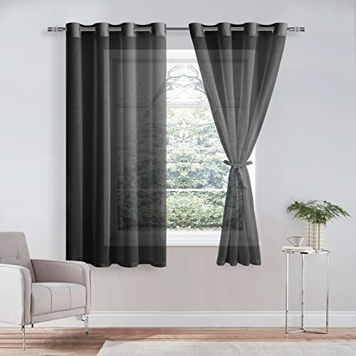 DWCN Sheer Voile Vorhang Transparente Gardine mit Ösen 2 Stücke Ösenschal für Wohnzimmer, Babyroom,Schlafzimmer, Schwarz, 210x132cm(HxB)