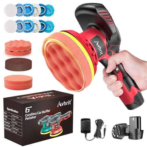 Avhrit Polisseuse Voiture, Polisseuse Orbitale sans Fil 6 Pouces 8mm pour Voitures avec 2 Batteries 12V 2,0Ah 6 Vitesses Variables Manuel en Français pour l'entretien de Voiture Cirage