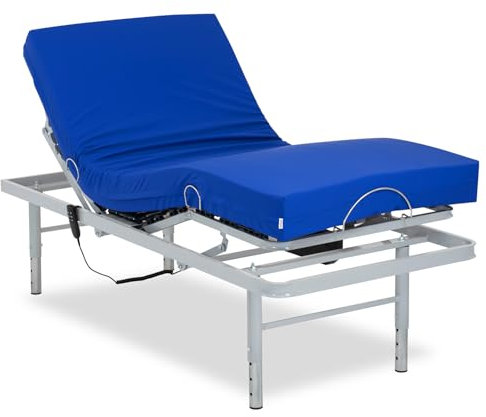 Gerialife - Pflegebett elektrisch verstellbar mit verstellbaren Beinen, Pflegematratze mit Kaltschaumkern und wasserdichtem Bezug HR (90x190)