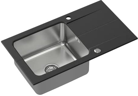 Quadron Edward - Fregadero de granito con lavabo, incluye tapón y escurridor, cabe en armarios a partir de 50 cm de altura, inserto, color negro