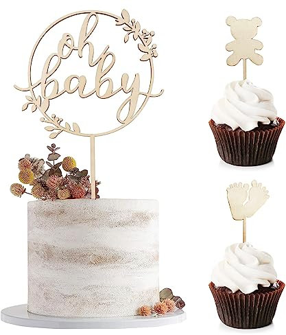 BURGEON Oh Baby Cake Topper Holz, Oh Baby Kuchen Topper, Kuchenstecker Kuchendeko Tortendeko für Babyparty Baby Shower Gender Reveal Partydeko