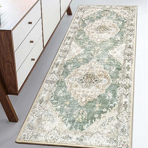 MUJOO Flur-Läufer, maschinenwaschbar, rutschfest, Boho-Läufer für Flur, Eingangsbereich, Küche, Bad, Nachttisch, Retro-Stil, weich, niedriger Flor, 60 x 150 cm, Grün