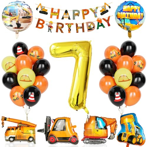 Bagger Deko Kindergeburtstag 7, 29Pcs Partyzubehör für den Bau mit Banner,Ballon Zahlen 7 mit Bulldozer, Gabelstapler Bagger Luftballons für Jungen Kinder Bauparty Geburtstags party Dekorationen