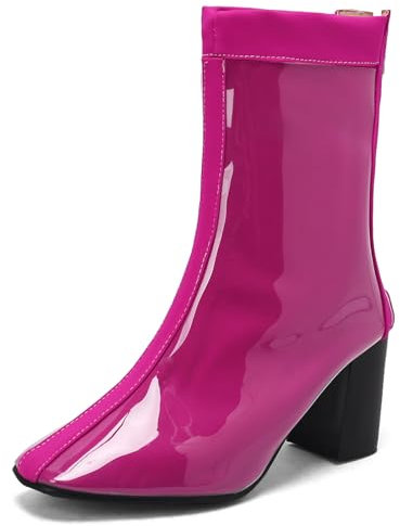 Gicoiz Damen Winter Lack Chelsea Stiefel Blockabsatz Party Runde Zehen Mode Winter Zip Hochzeit Elegant Reitstiefel Komfort Rose-Rot Gr 41 EU-43Cn