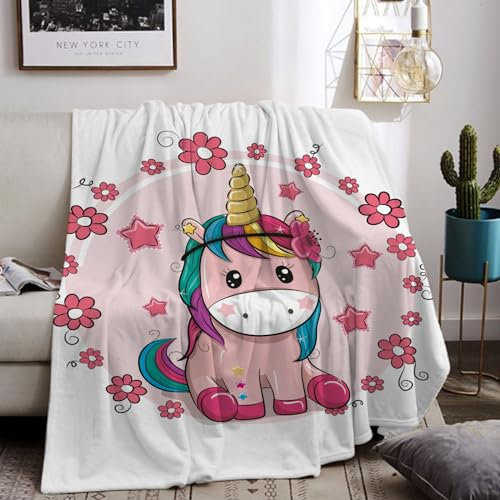 HZVRTN Einhorn Decke Kuscheldecke Flanell Kinder Rosa Kuscheldecke für Mädchen, Weiche Wohndecke Geburtstag Geschenke Sofa Couch Wohn Bett Fleecedecke (Einhorn I, 150x200cm)