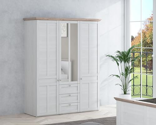 FORTE ILOPPA Schrank 150 160, Kleiderschrank, Drehtürenschrank Landhausstil, 3-türig mit 3 Schubladen, Holzdekor: Schnee Eiche/Nelson Eiche, 155 cm breit x 193 cm hoch x 57 cm tief