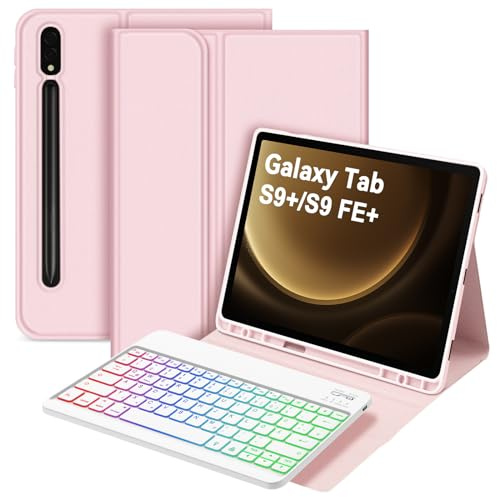Bettdow für Samsung Galaxy Tab S10+/S10 Plus Tastatur Hülle, QWERTZ Layout Abnehmbarer Beleuchtete Tastatur mit Hülle für Tab S10+/S9+/S9 Plus/S9 FE+/S9 FE Plus 12.4 Zoll, Rosa