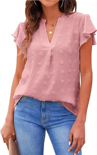 Satohom Damen Elegant Bluse Chiffon Rüschenbluse Swiss Dot Einfarbig Shirt V-Ausschnitt Leicht und Atmungsaktiv Lockerer Kurzarm Lässig Oberteile Tops Frauen Casual Blusen Sommer Loose Fit