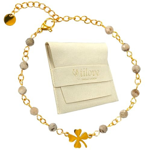 TILOVE - Bracelet en Pierre Naturelle Labradorite Lithothérapie pour Femme avec Trèfle Porte Bonheur en Acier Inoxydable. Conçu en France. Bracelet Chakra Bien Être. Idée Cadeau Femme, Fete des Mères