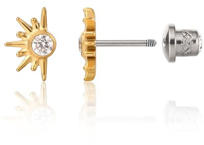 Limerencia Hypoallergenic G23 Implant Grade Titanium Screw Back Earrings Tragus 20G Helix F136 Piercing Post for Sensitive Ears Cartilage(sun)