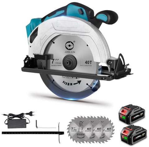 ONEVAN Kreissäge mit 2 Akku 4000mAh, 1000W 4500RPM Akku-Handkreissäge, Elektrische Kreissägen mit 3 Stück185mm Kreissägeblatt, Circular Saw 0-45° für Holz, Weichmetall, Plastik, PVC