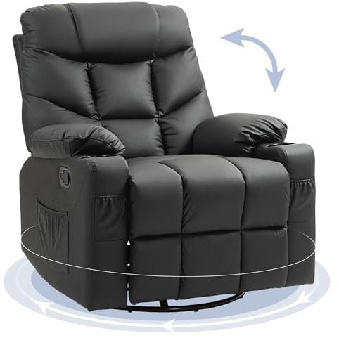 HOMCOM Recliner Armchair, Swivel PU Leather Manual Reclining Chair with Adjustable Leg Rest, Drink Holders, Side Pockets, Rocker Chair for Home Living Room, Black