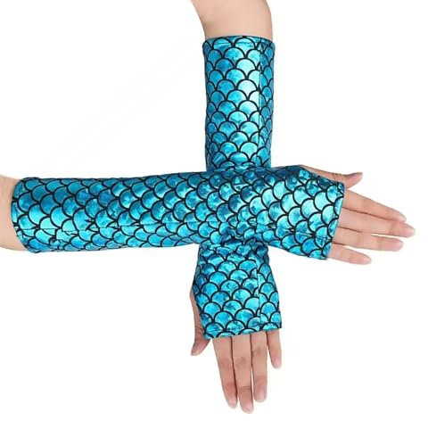 Fingerlose Handschuhe Meerjungfrau Damen, Glänzend Fischschuppen Gedruckt Lange Handschuhe, Mädchen Halb Fingerlose Arm Ärmel für Bühne Leistung Fasching Partei Kostüm Zubehör (Blau, 1)