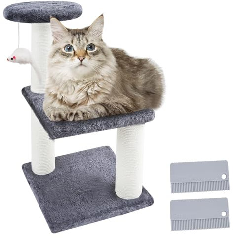 40cm Cat Tower for Indoor Cats, 3-tier Small Cat Tree Activity Tree Scratching Posts with Suspension balls, Kitten Plush Cushion Cat Hair Cleaning Brushes Grey