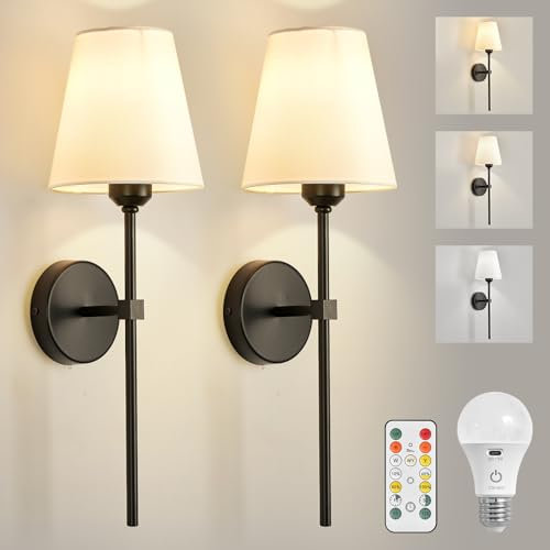 KSIBNW Applique da Parete Interno, 2 Pezzi Moderno Lampada da Muro Con Telecomando & Batteria Ricaricabile Dimmerabile Lampada da Parete Metallo Nero Applique per Camera da Letto Soggiorno Corridoio