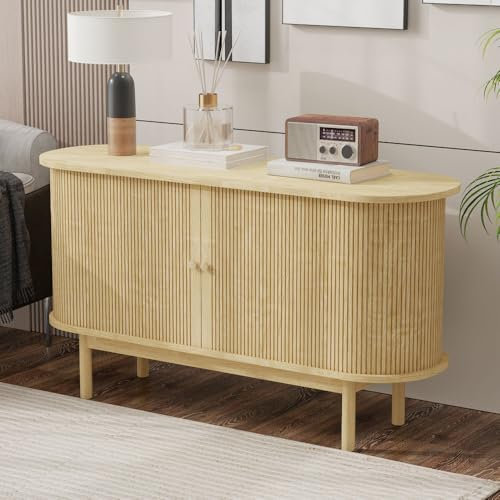 Zubaliya Moderner Esszimmerschrank aus Holz, 138 x 43 x 75 cm, mit Schiebetüren und Beinen aus Kiefer mit verstellbaren Regalen, Möbel für Esszimmer, Küche, Flur (helle Eiche)