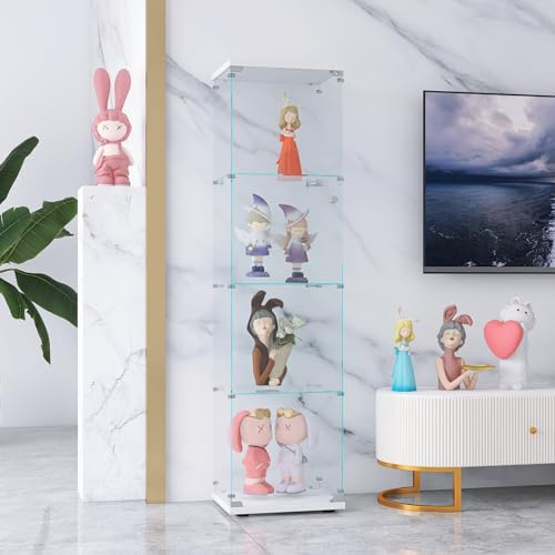 Teahutty Glasvitrine 4 Ablagen, Sammlervitrine mit Tür und Schloss, Floor Standing Curio Cabinets für Wohnzimmer Schlafzimmerk, Hartglas, 36.5x42.5x164 cm (Weiß, 1 Tür + 4 Etagen)