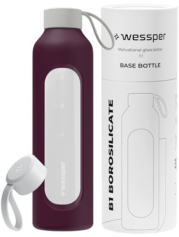 Wessper Trinkflasche Glas 1 liter, Flasche mit Hydrationsskala -Burgunde