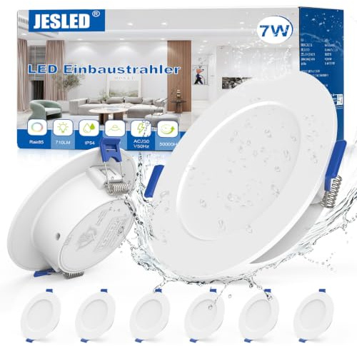 JESLED LED Einbaustrahler 230V, 7W 710LM LED Spot 75mm - 90mm Lochmaß | IP54 Einbauleuchten Für Badezimmer Küche Wohnzimmer, Einbauspots, Rund Weiss