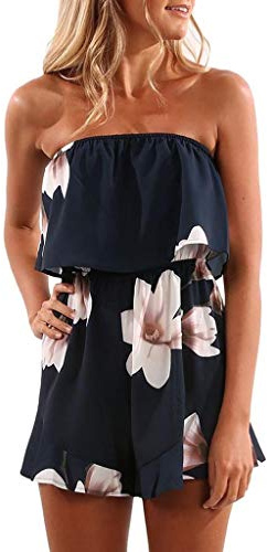 PAIDAXING Jumpsuits for Women UK Elegant Bandeau Rompers Sleeveless Floral Print Overalls Elestic High Waist Playsuits Ladies Summer Wide Leg Shorts One Piece Beach Coverups Holiday Dress