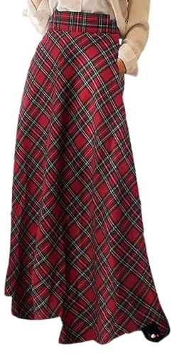 Jupe écossaise plissée pour femme - Taille haute - Jupe maxi - Poches - Jupe longue trapèze - Jupe d'hiver mi-longue - Jupe plissée élégante pour femme - Jupe d'hiver à carreaux