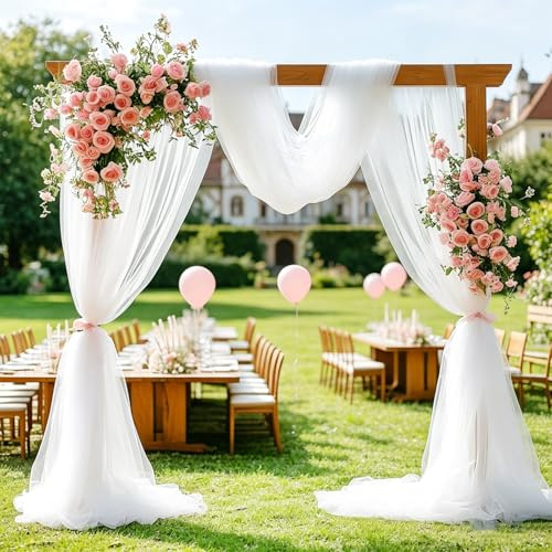 Hoypeyfiy 2-teiliger Weißer Hochzeitsvorhänge, 1,6 x 10 m transparenter Hochzeitshintergrund, Vielseitige Dekoration für Hochzeiten, Geburtstagsfeiern und Familienfeiern