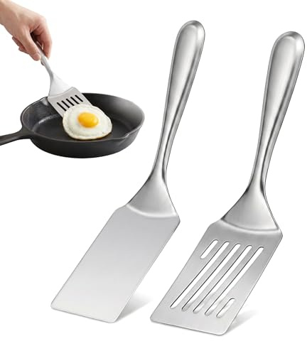 2 Piezas Espatula Cocina Acero Inoxidable, Espátula Acero Inoxidable | Espátula Ranurada Plana Y Para Plancha, Aptas para Lavavajillas, para Freír Pescado, Tortitas, Huevo, Bistec y Barbacoa