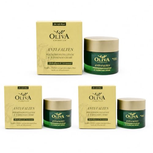 Oliva Cosmetics Anti-Falten Gesichtscreme mit Kollagen, Niacinamid und Olivenöl, für reife und trockene Haut, 3er Pack