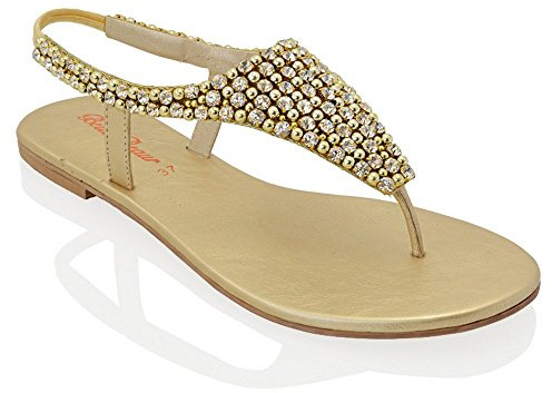 LADIES FLAT DIAMANTE TOE Post WOMENS PEARL HOLIDAY DRESSY PARTY SANDALS SIZE 3-8 (UK 5 / EU 38, GOLD)