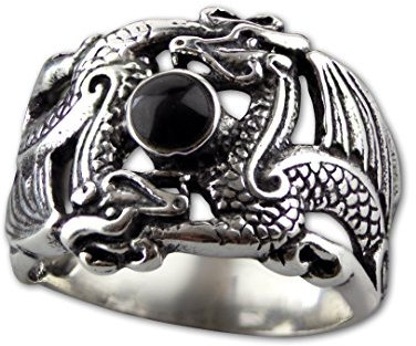 Ring Drachen Double Dragon 925 Sterling Silber mit Onyx (60 (19.1))