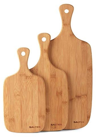 Salter Wooden Chopping Boards - 3 Piece Bamboo Chopping Board Set - 30cm, 35cm, 45cm, Chop, Cut & Carve Meat, Vegetables, Cheese & Bread, Protects Worktops, Paddle Handles with Hooks, BW06732EU7