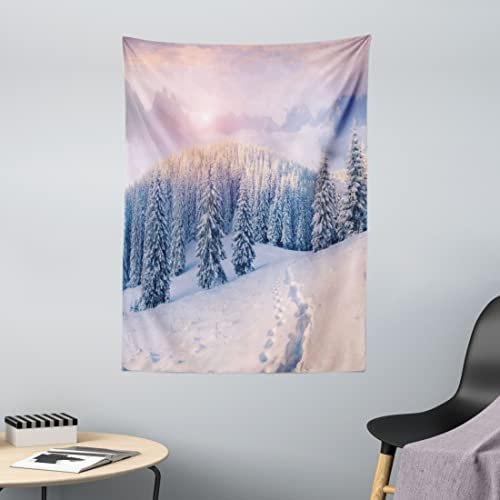 ABAKUHAUS Berg Wandteppich, Idyllische Wintermorgen aus Weiches Mikrofaser Stoff Waschbar ohne Verblassen Digitaldruck, 110 x 150 cm, Rosa und Weiß