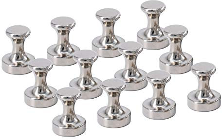 Magnétique Punaises Lot de 12 Aimants, Argent, Nickel Brossé Push Pin Aimants pour réfrigérateur, tableau blanc, carte, calendrier et bien plus encore