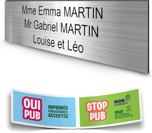 DECOHO - Plaque boîte aux Lettres personnalisée adhésive 100x25mm - Plastique argenté Durable - 3 Lignes Personnalisables + Stickers Stop - Argent