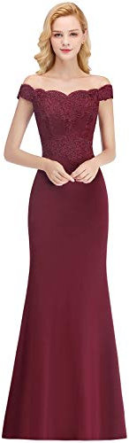 BABYONLINE D.R.E.S.S. Robe de Soirée Femme Longue Sirène Trompette Epaules Nues Perlée avec Broderie Dentelle Florale Bordeaux 44