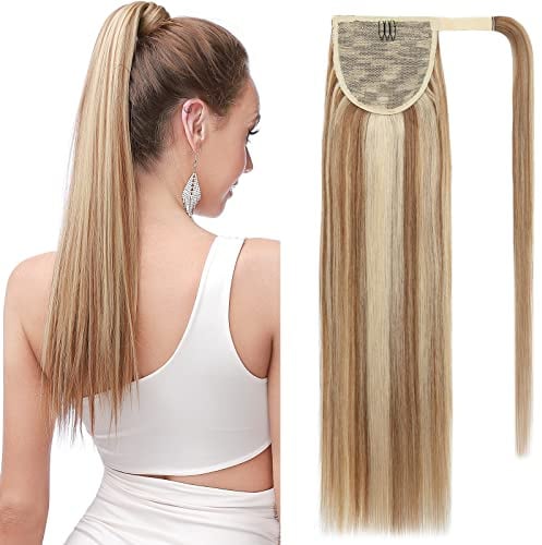 TESS Ponytail Extension Echthaar 55 cm Lang 95g Glatt Gewickelt Pferdeschwanz Haarteil Echthaar Wrap around für Frauen (55 cm-#12/613 Hellbraun/Blond)