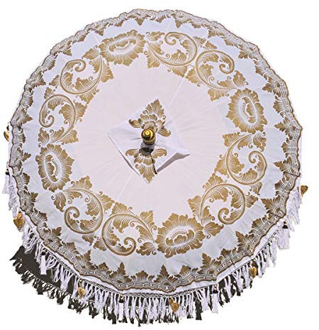 MAISONICA Bali Handmade Sun Parasol Hardwood Garden Umbrella White and Gold (base not included)
