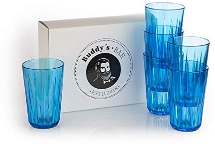 Buddy´s Bar - 6er Set, Hochwertige 0,3 Liter Tritan Kunststoff Trinkgläser, BPA frei, Kristallglas-Optik, bruchfeste Mehrweg-Gläser, wiederverwendbar und spülmaschinenfest, 300 ml, blau