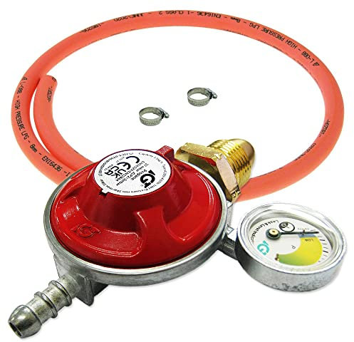 37mb Propane Gas Regulator With Pressure Gauge & 1 M Hose Kit With 2 Clips 37mbar POL