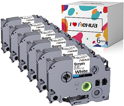 6x Hehua Ersatz für Brother P Touch 9mm TZe-221 TZe221 TZ221 Schriftband Schwarz auf Weiß, Kompatibel mit Brother P-Touch PT1000 H107 h100r H100LB PT-H105 PT-P300BT PT-D400 D200 PT-h75 (9mm x 8m)