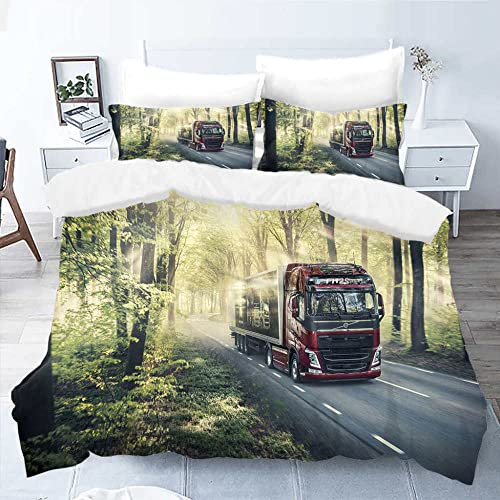 WJYMJJ Bettwäsche Set Forststraßen-LKW Bettbezug Set Erwachsene Kinder Weich Atmungsaktiv Microfaser Betten Set mit Reißverschluss und 2 Kissenbezug 155 x 220 cm