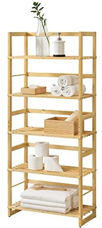 [en.casa] Étagère de Ménage Rangement avec 5 Surfaces de Stockage  Meuble de Rangement pour Salle de Bain Cuisine Salon Solide Bois de Pin 58 x 27 x 140 cm Naturel