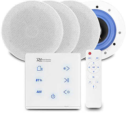 Power Dynamics Powerline Bluetooth Ceiling Speaker Package - Home Audio System with A100W Wall Amplifier & 4x ESCS5 5.25 Ceiling Speakers in White